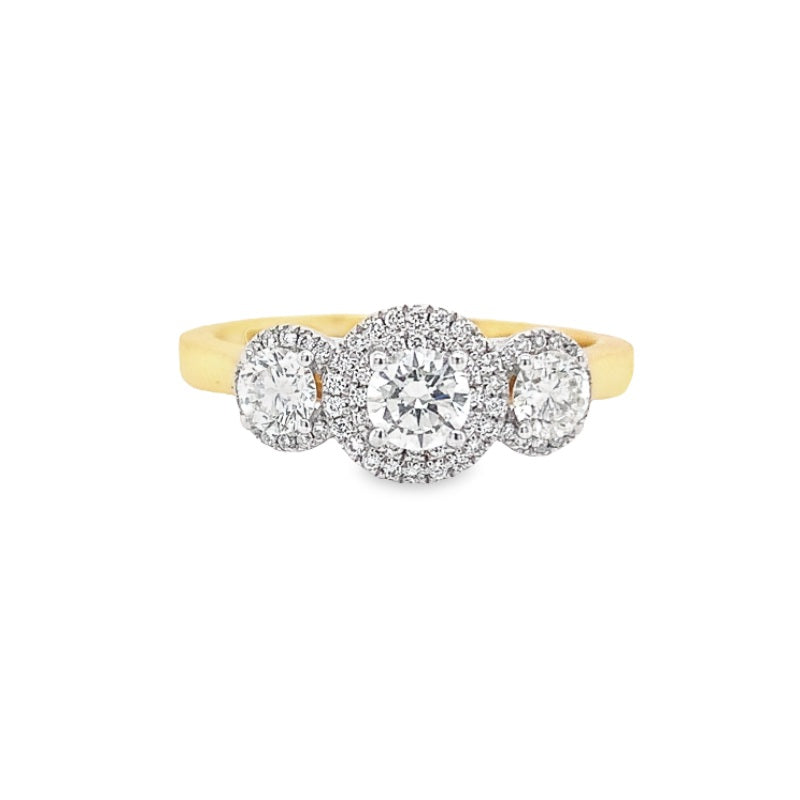 Parrys Jewellers 18ct Yellow Gold Diamond Trilogy Halo Engagement Ring. TDW 0.75ct
