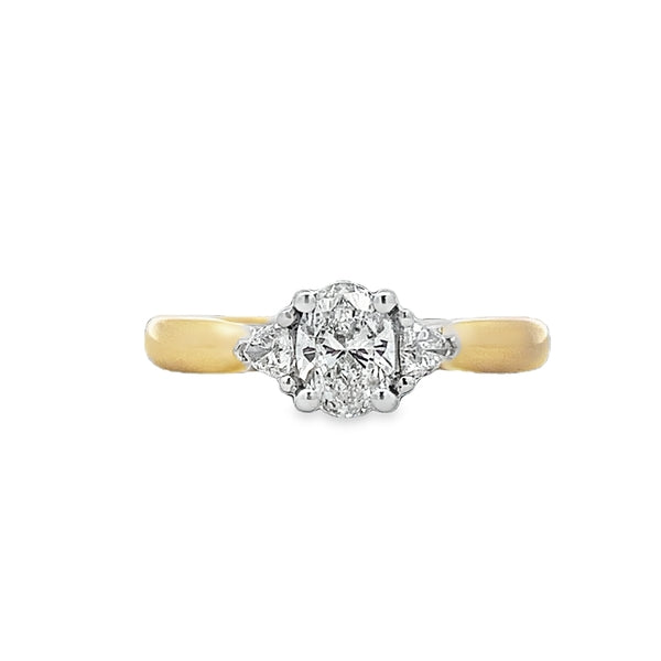 18ct Yellow Gold and Platinum Three Stone Natural Oval & Trillion Cut Diamond Ring TDW=0.68ct