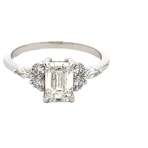 14W Lab Diamond Ring | Emerald Cut Centre E VVS2 1.08ct | MQ & RBC Accents