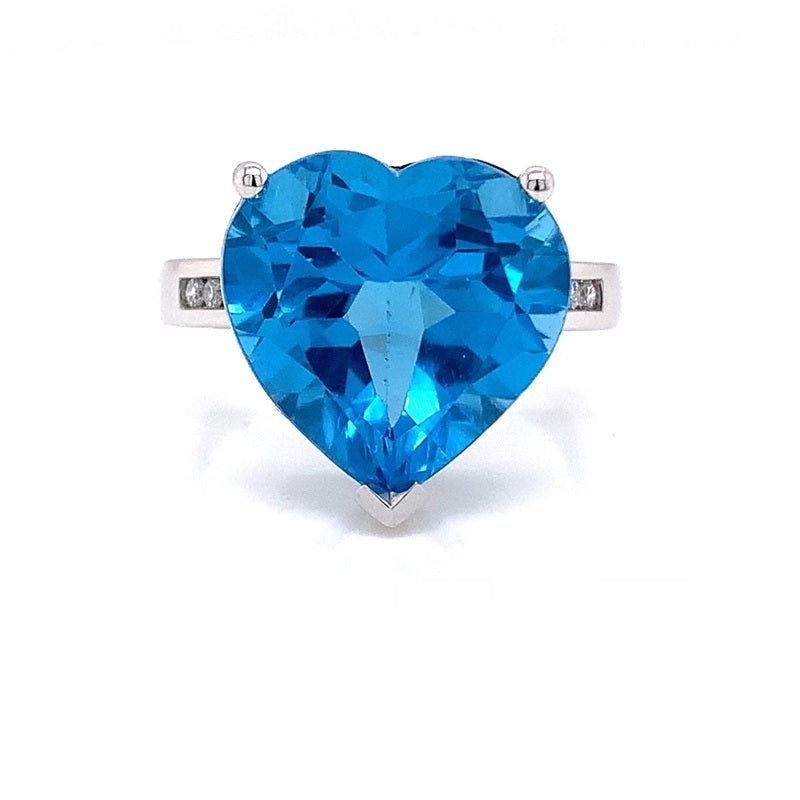 Parrys Jewellers 9ct White Gold 9.98ct Blue Topaz Heart Diamond Ring TDW 0.08ct