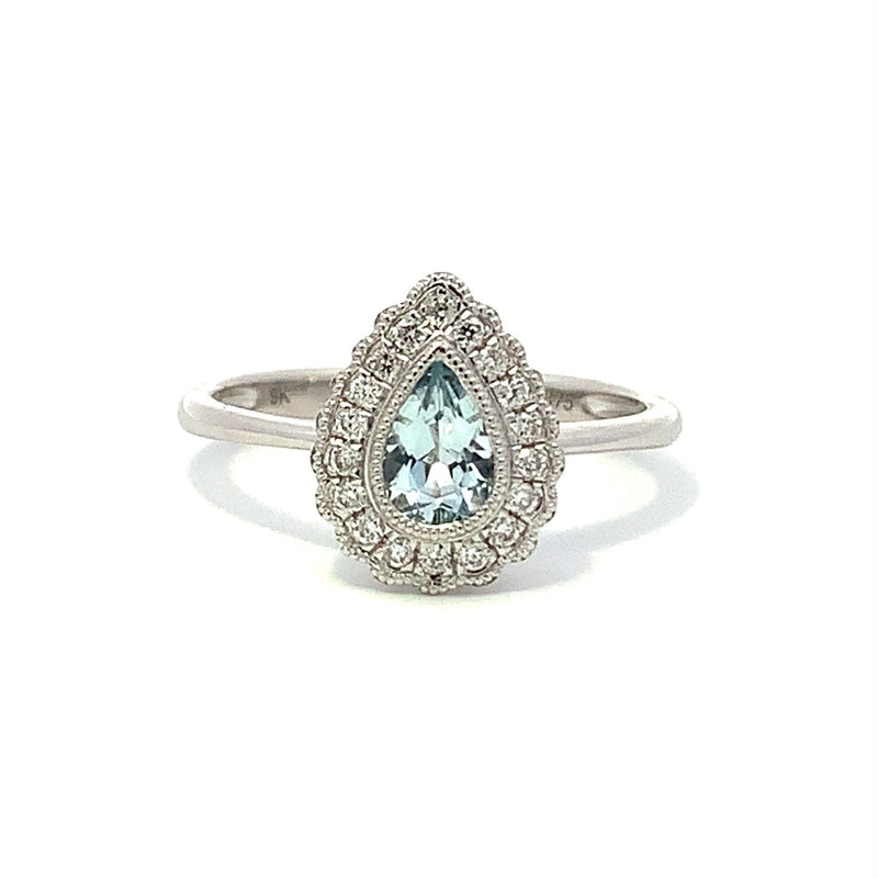 Parrys Jewellers 9ct White Gold Pear Cut Aquamarine and Diamond Halo Ring