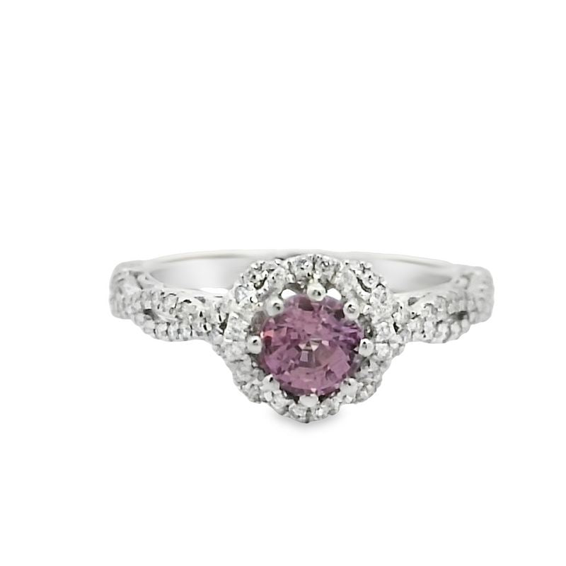 18ct White Gold Pink Sapphire & Diamond Ring – Vintage-Inspired Elegance with Filigree Detail