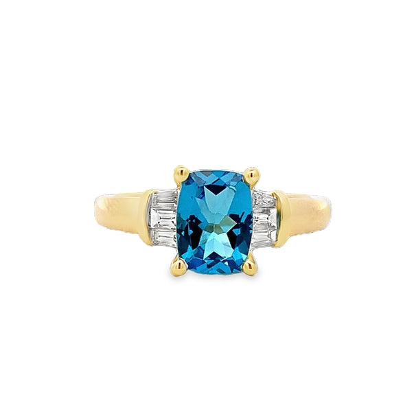 Parrys Jewellers 9ct Yellow Gold Cushion Cut 1.64ct Blue Topaz Ring TDW=0.21ct