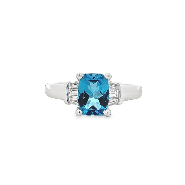 Parrys Jewellers 9ct White Gold Cushion Cut 1.68ct Blue Topaz Ring TDW=0.22ct
