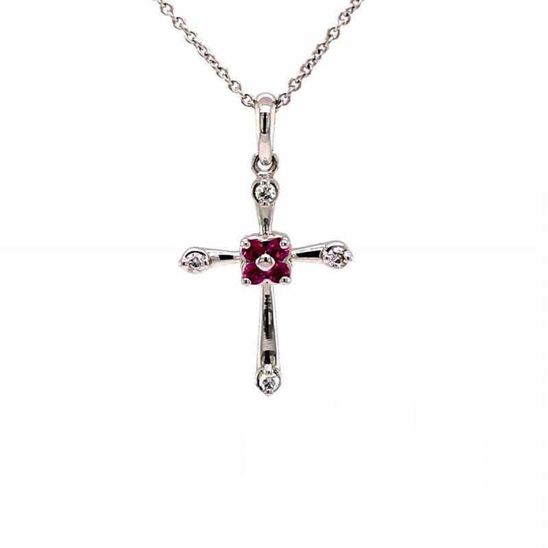 Parrys Jewellers 9ct White Gold Natural Ruby and Diamond Cross Pendant TDW 0.06ct