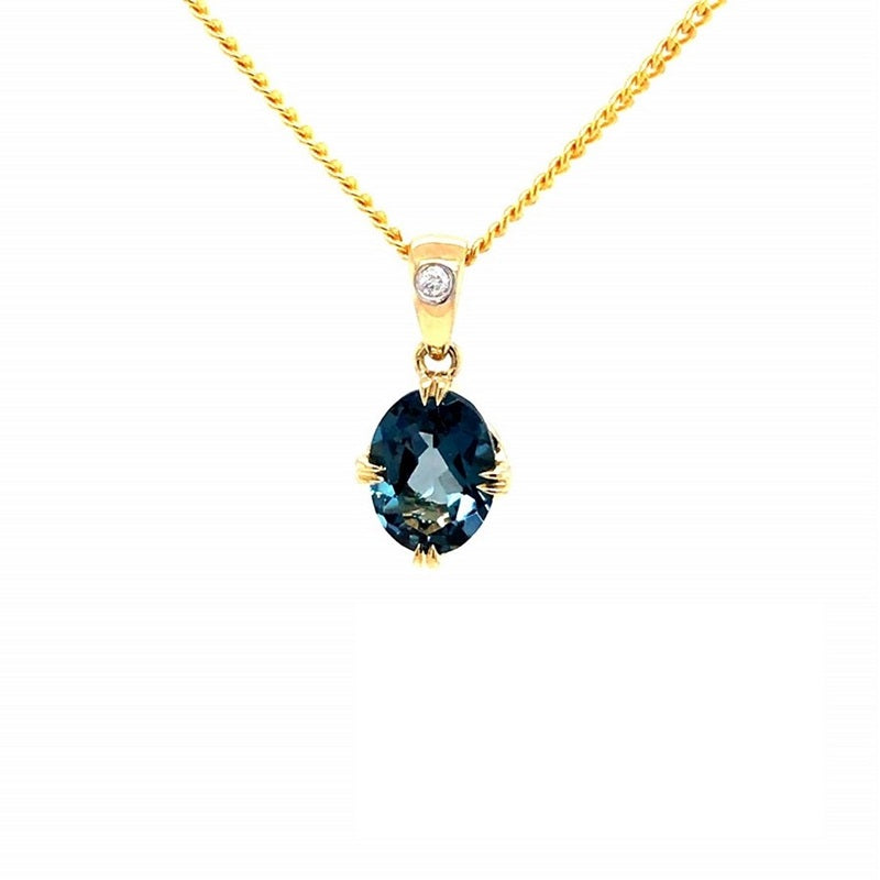 Parrys Jewellers 9ct Yellow Gold Oval London Blue Topaz Diamond Set Pendant