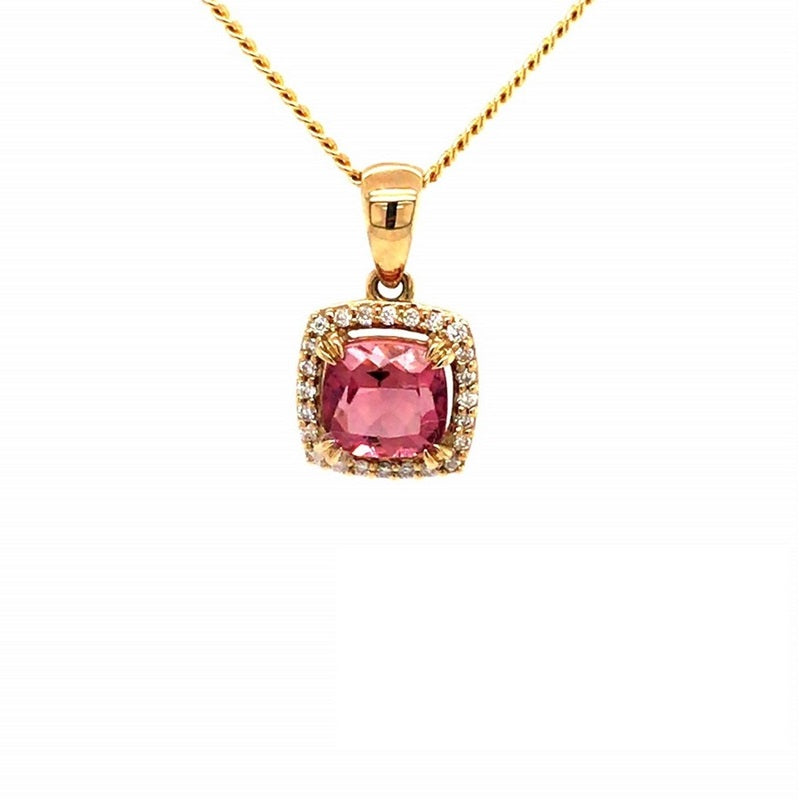 Parrys Jewellers 9ct Yellow Gold Cushion Cut Pink Tourmaline and Diamond Pendant TDW 0.08ct
