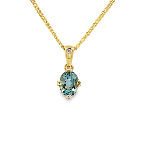 9ct Yellow Gold 6x4mm Oval Aquamarine Diamond Set Pendant