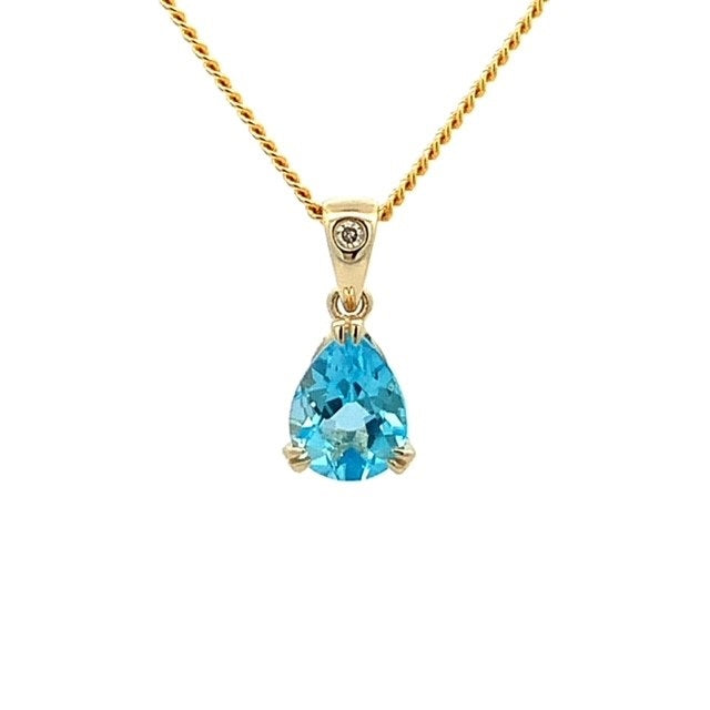 Parrys Jewellers 9ct Yellow Gold Pear Cut Blue Topaz and Diamond Pendant