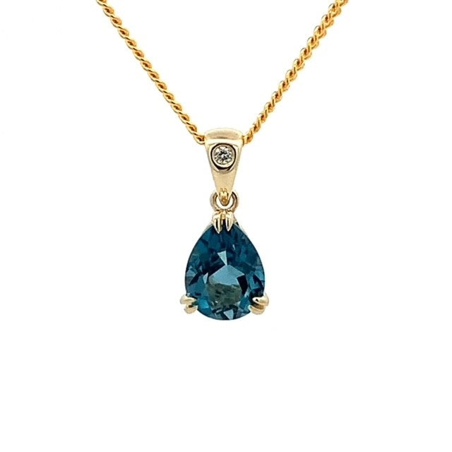 Parrys Jewellers 9ct Yellow Gold Pear Cut London Blue Topaz and Diamond Pendant