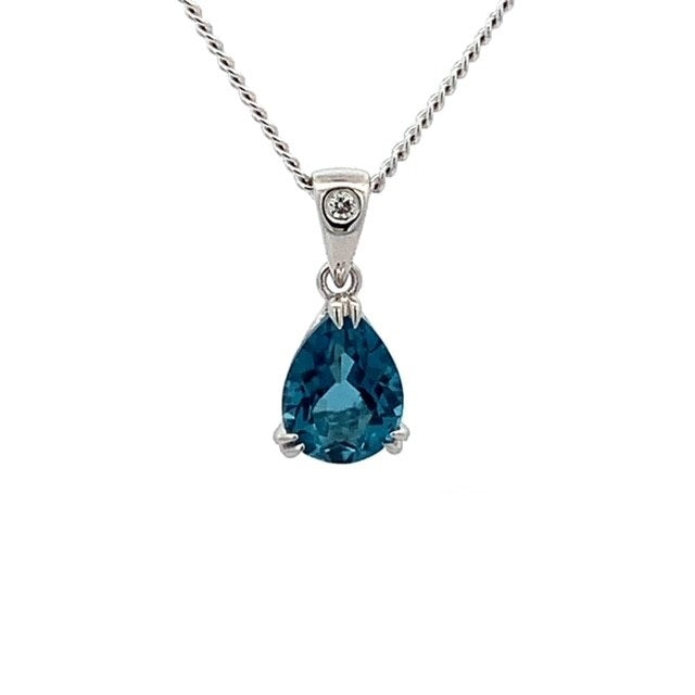 Parrys Jewellers 9ct White Gold Pear Cut London Blue Topaz and Diamond Pendant