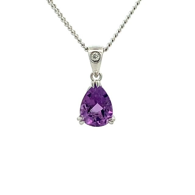 Parrys Jewellers 9ct White Gold Pear Cut Amethyst and Diamond Pendant