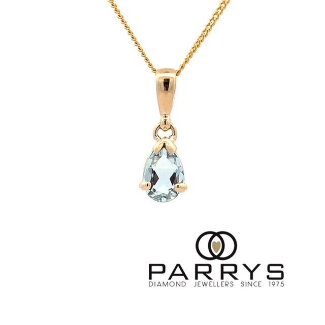 Parrys Jewellers 9ct Yellow Gold Pear Cut Aquamarine Diamond Pendant