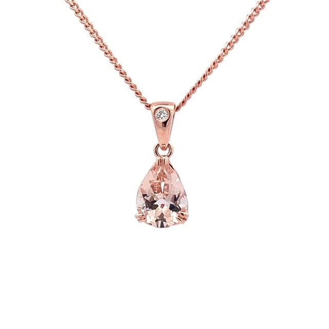 Parry Jewellers 9ct Rose Gold 8x6mm Pear Cut Morganite and Diamond Pendant
