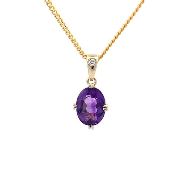 Parry Jewellers 9ct Yellow Gold 8x6mm Oval Cut Amethyst and Diamond Pendant