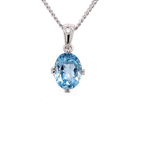 Parrys Jewellers 9ct White Gold Oval Cut 1.54ct Blue Topaz Diamond Set Pendant