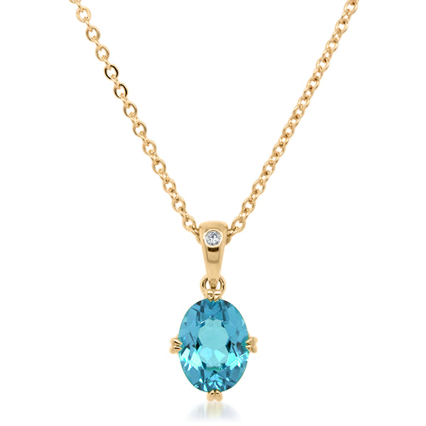 Parrys Jewellers 9ct Yellow Gold Oval Blue Topaz And Diamond Set Pendant