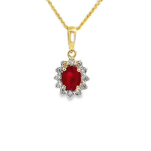 18ct Yellow Gold Natural Ruby and Diamond Cluster Pendant