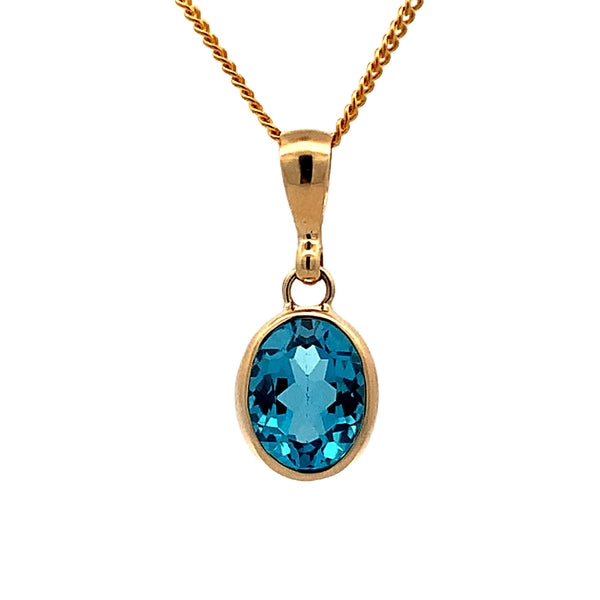 9ct Yellow Gold 8x6mm Oval Bezel Set Blue Topaz Pendant