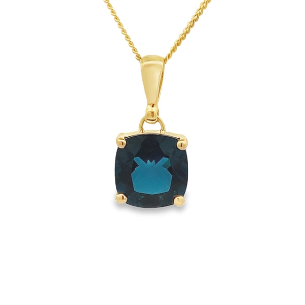 9ct Yellow Gold 10mm Cushion Claw Set London Blue Topaz Pendant