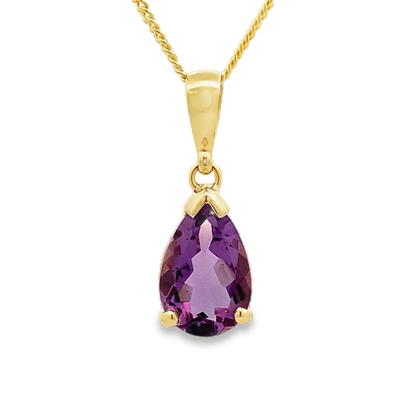 9ct Yellow Gold 11x8mm Pear Amethyst Claw Set Pendant