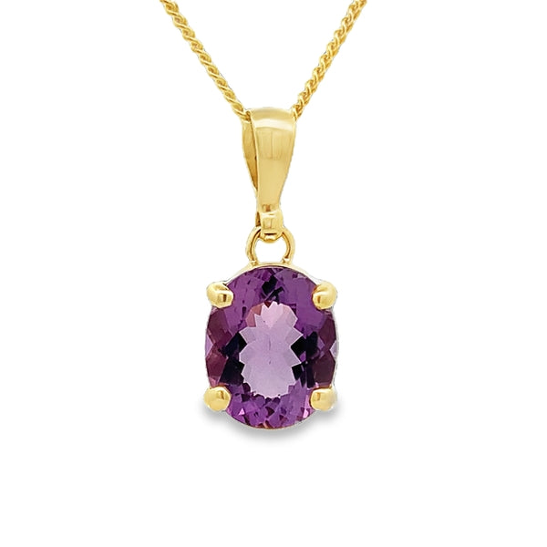 9ct Yellow Gold 10x8mm Oval Amethyst Claw Set Pendant
