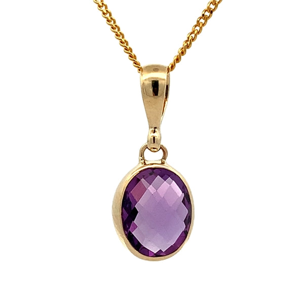 9ct Yellow Gold 10x8mm Oval Amethyst Bezel Set Pendant