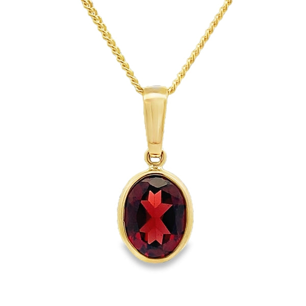 9ct Yellow Gold 9x7mm Oval Garnet Bezel Set Pendant