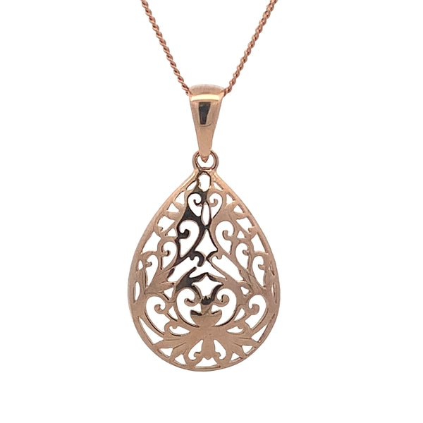 9ct Rose Gold Pear Filligree Pendant