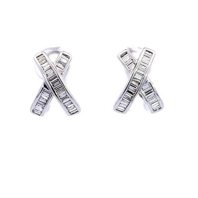 Parrys Jewellers 18ct White Gold Cross Over Baguette Diamond Huggie Earrings TDW 0.60ct