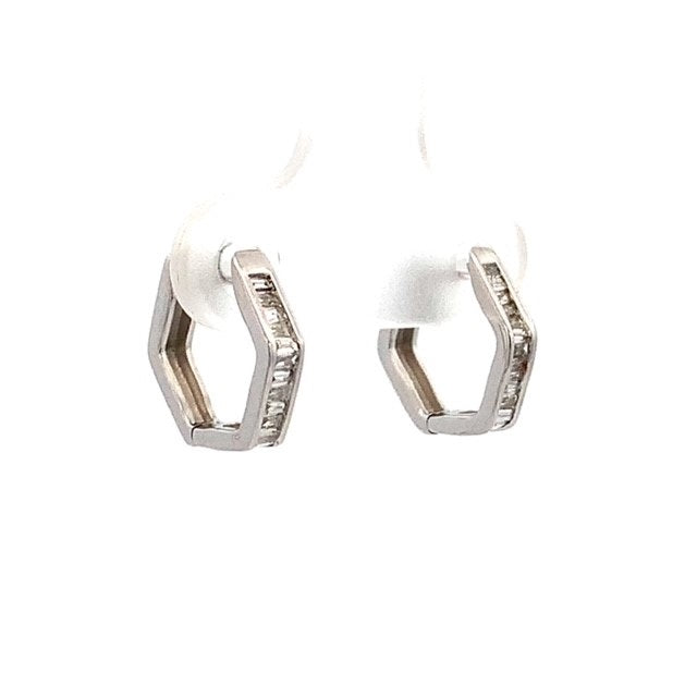 Parrys Jewellers 18ct White Gold Baguette Diamond Hexagonal Huggie Earrings TDW 0.24ct