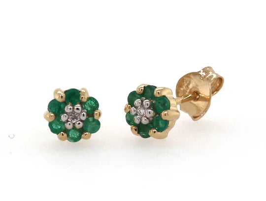 9ct Yellow Gold Emerald And Diamond Flower Stud Earrings