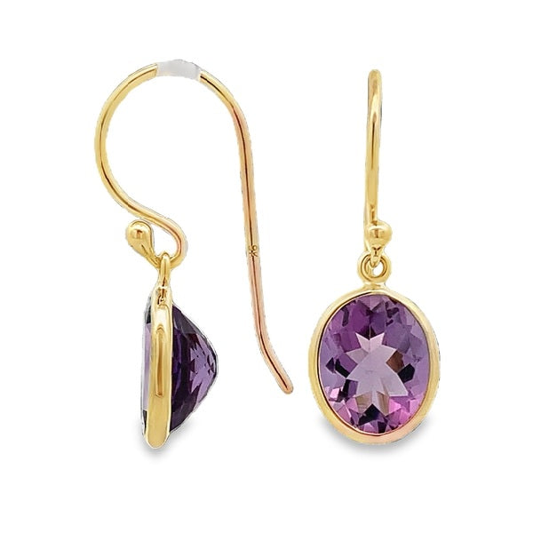 9ct Yellow Gold 10x8mm Oval Amethyst Bezel Set Drop Earrings
