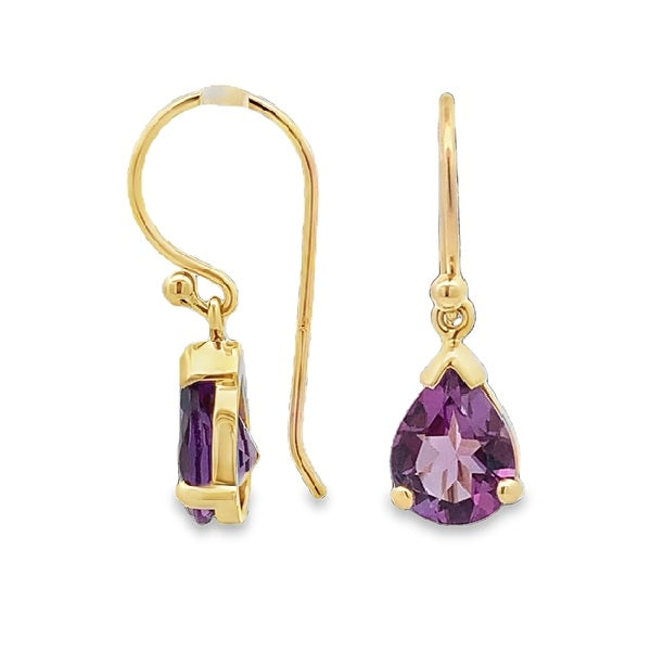 9ct Yellow Gold 9x7mm Pear Amethyst Claw Set Drop Earrings