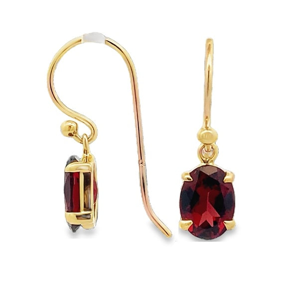 9ct Yellow Gold 8x6mm Oval Garnet Claw Set Drop Earrings