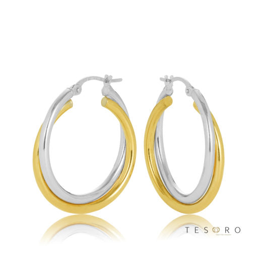 9ct Yellow and White Gold Cross Over 20mm Diameter Hoop Earrings