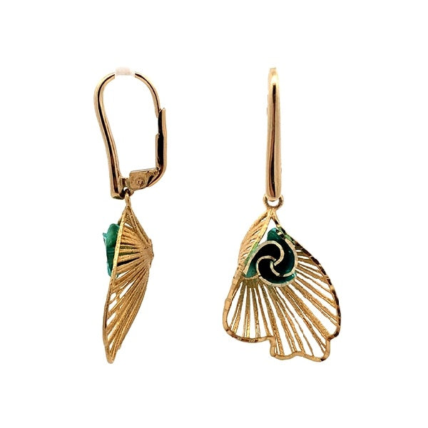 14ct Yellow Gold Leaf w/ Teal Flower Drop Earrings