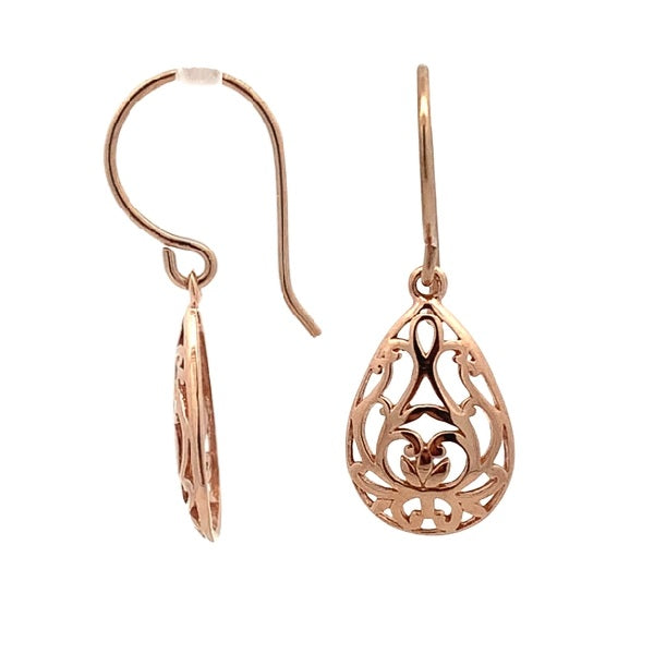9ct Rose Gold Pear Filigree Sheppherd Hooks
