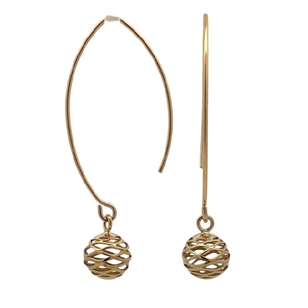 9ct Yellow Gold 8mm Filigree Ball on long Sheppherd Hook