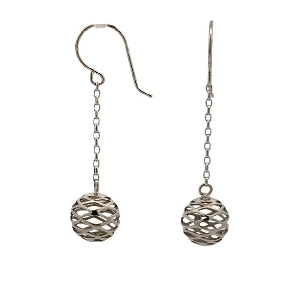 9ct White Gold 10mm Filigree Ball Drop Earrings