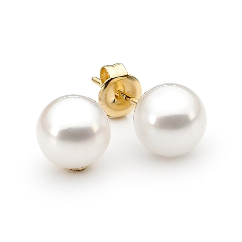 Ikecho 9ct Yellow Gold 8mm Button White Fresh Water Pearl Studs