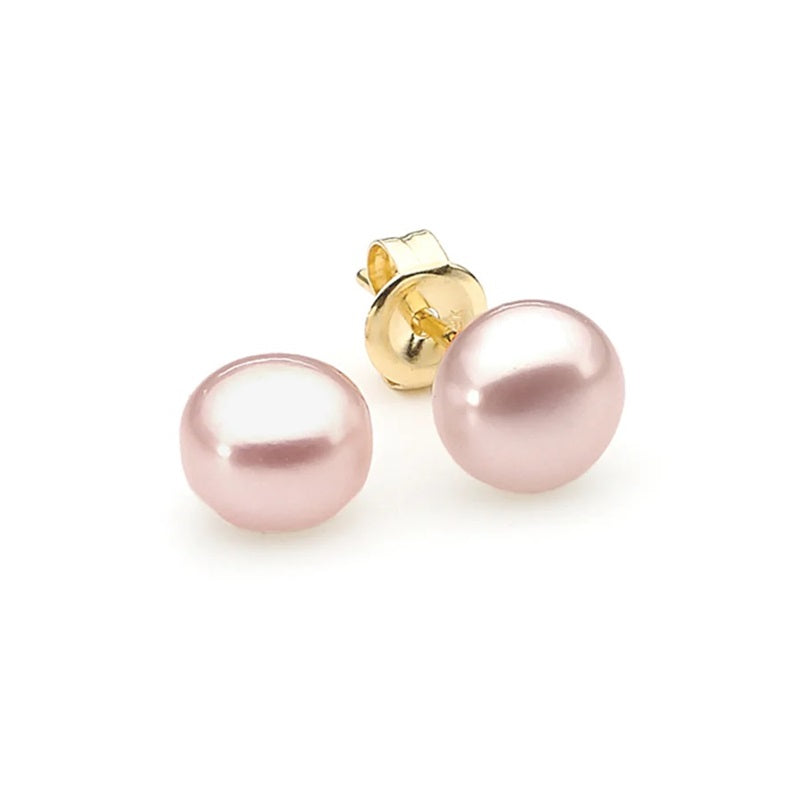 Ikecho 9ct Yellow Gold 8mm Button Pink Fresh Water Pearl Studs