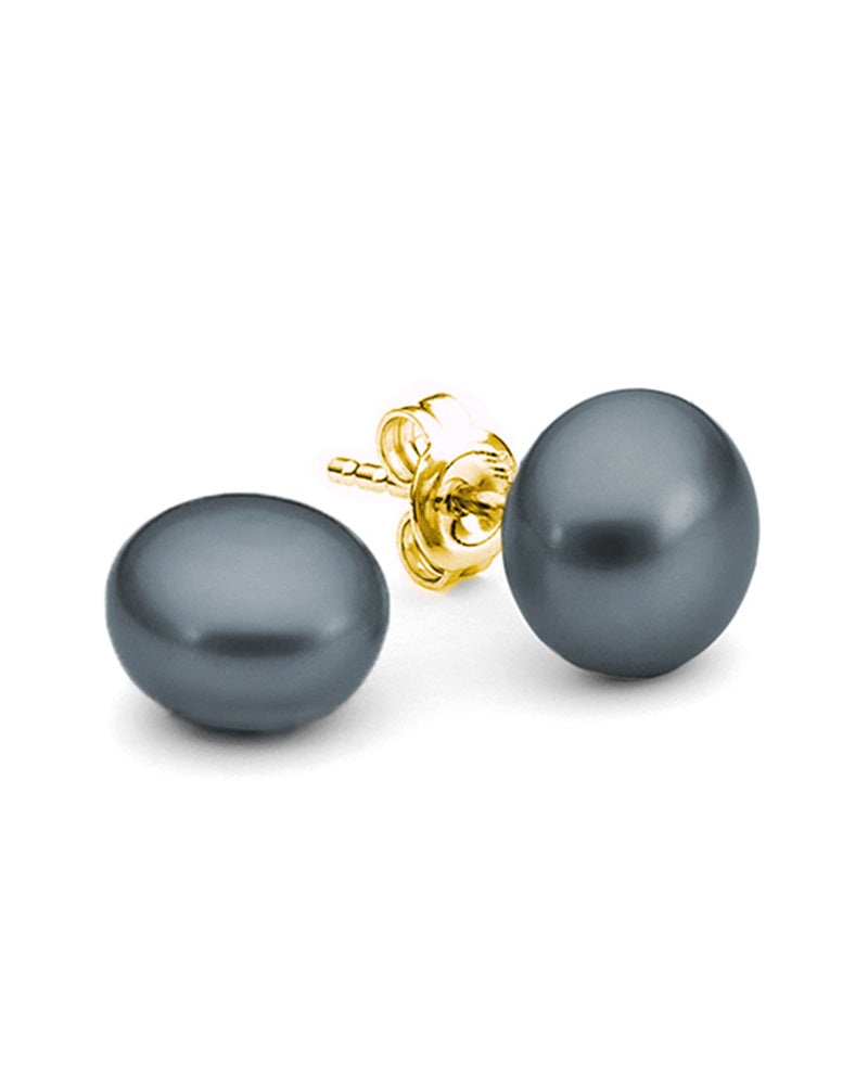 Ikecho 9ct Yellow Gold 8mm Button Dyed Black Fresh Water Pearl Studs