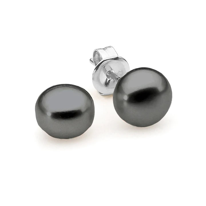 Ikecho S/Silver 9Mm Dyed Black Button Fresh Water Pearl Studs