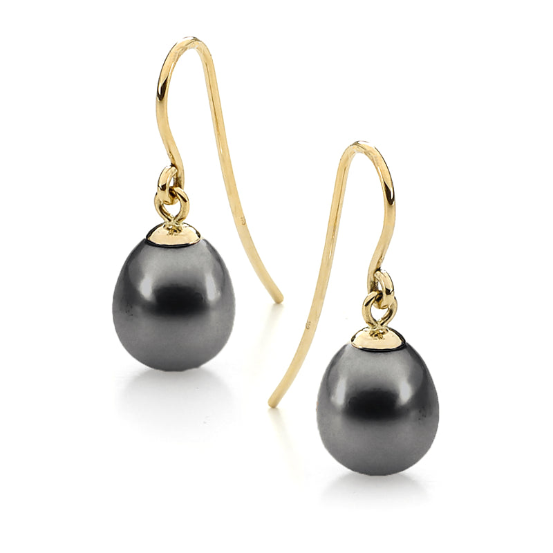 Ikecho 9ct Yellow Gold Dyed Black 9-9.5mm FWP Shephook Earrings