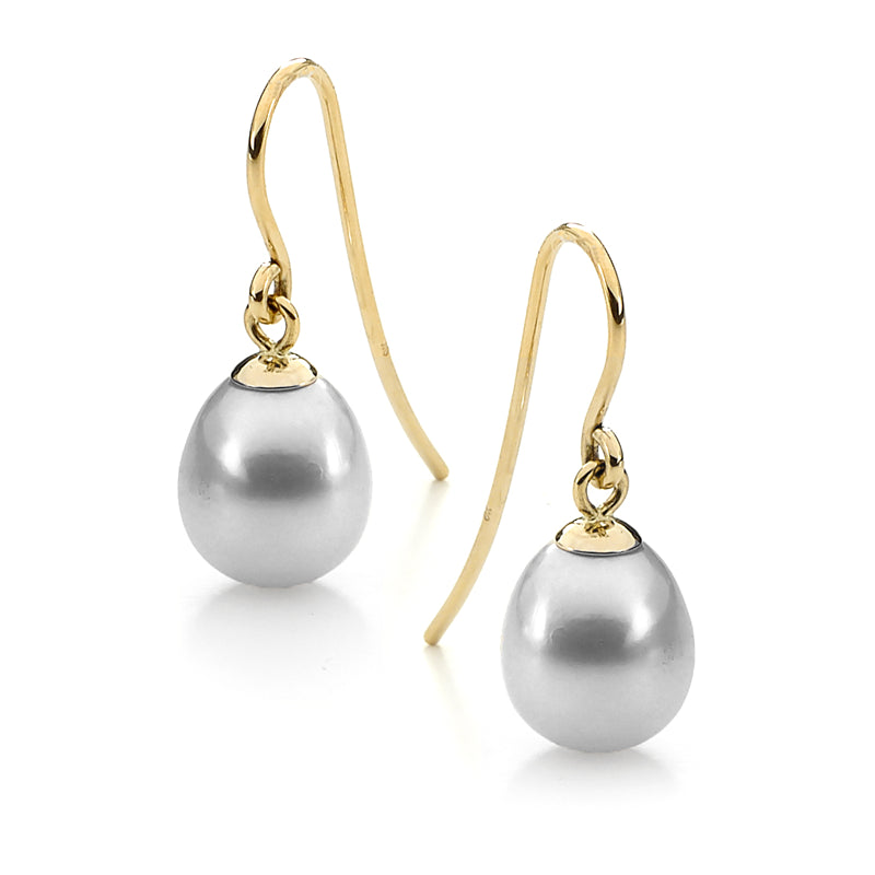Ikecho 9ct Yellow Gold 7.5-8mm Dyed Grey Freshwater Pearl Shepherd Hook Earrings