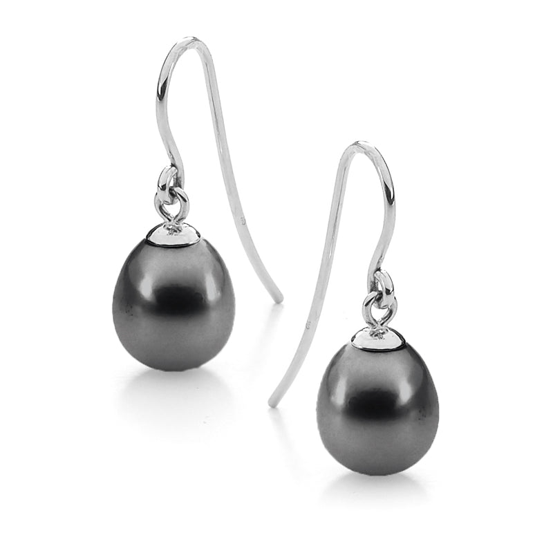 Ikecho 9ct White Gold 7.5-8mm Dyed Black Freshwater Pearl Drop Earrings