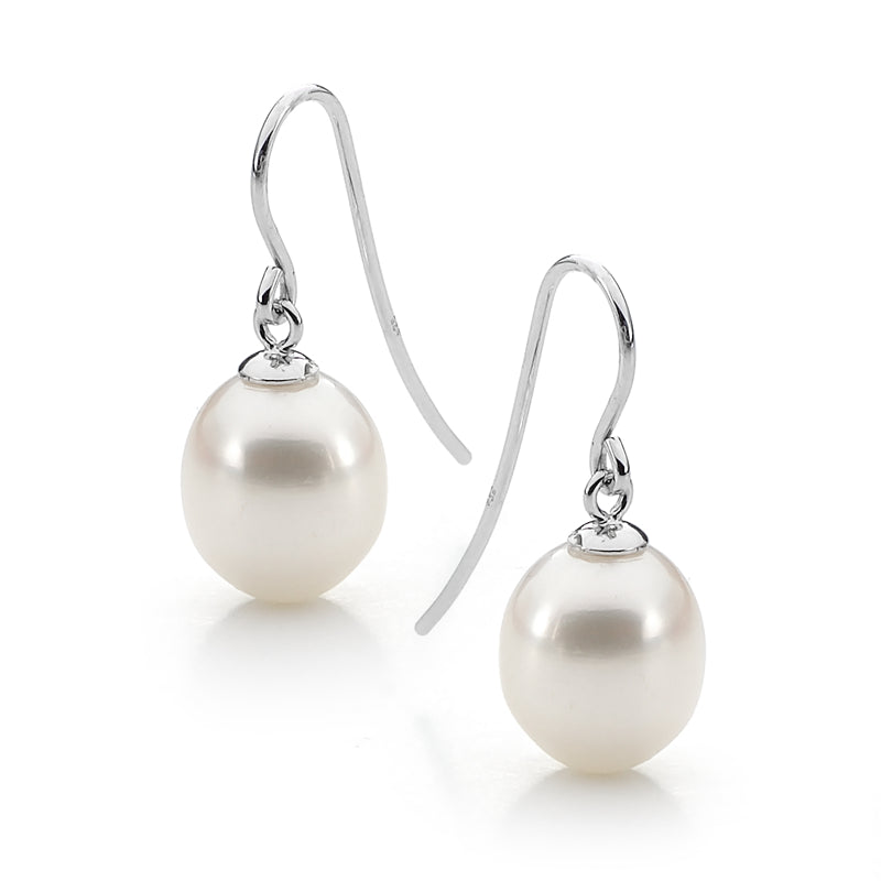 Ikecho 9ct White Gold 9-9.5mm White Freshwater Pearl Drop Earrings