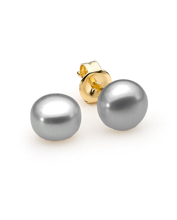 Ikecho 9ct Yellow Gold Dyed Grey Button 9mm Freshwater Pearl Studs