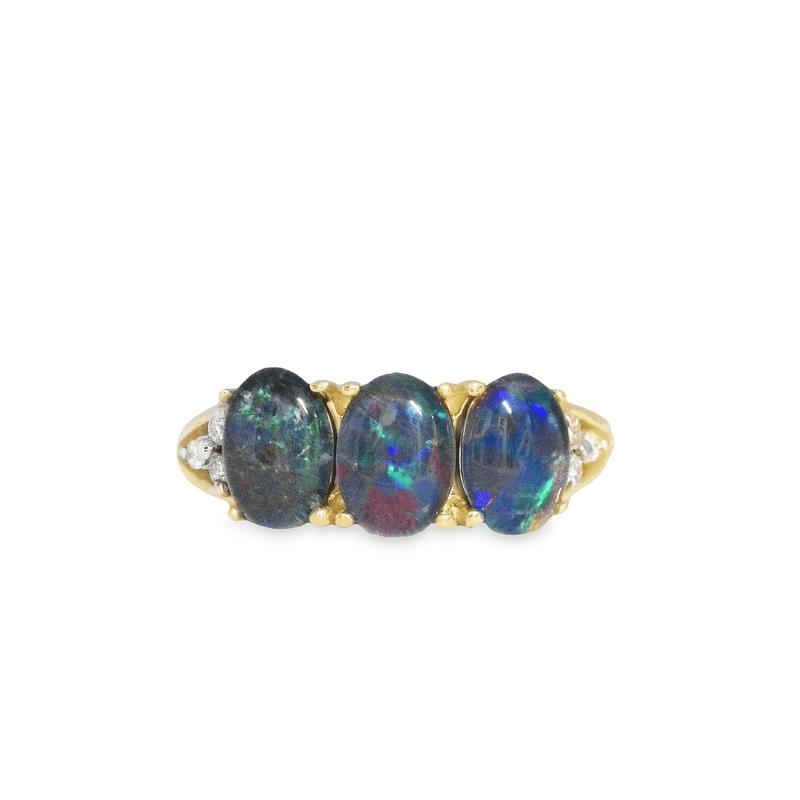 9ct Yellow Gold 3x 7x5mm Oval Opal Triplet and Diamond Set Ring